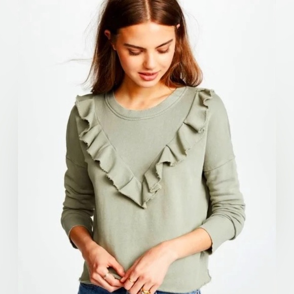 Free People Tops - Free People Olive Sage Ruffle V-Neck Crew Sweatshirt
